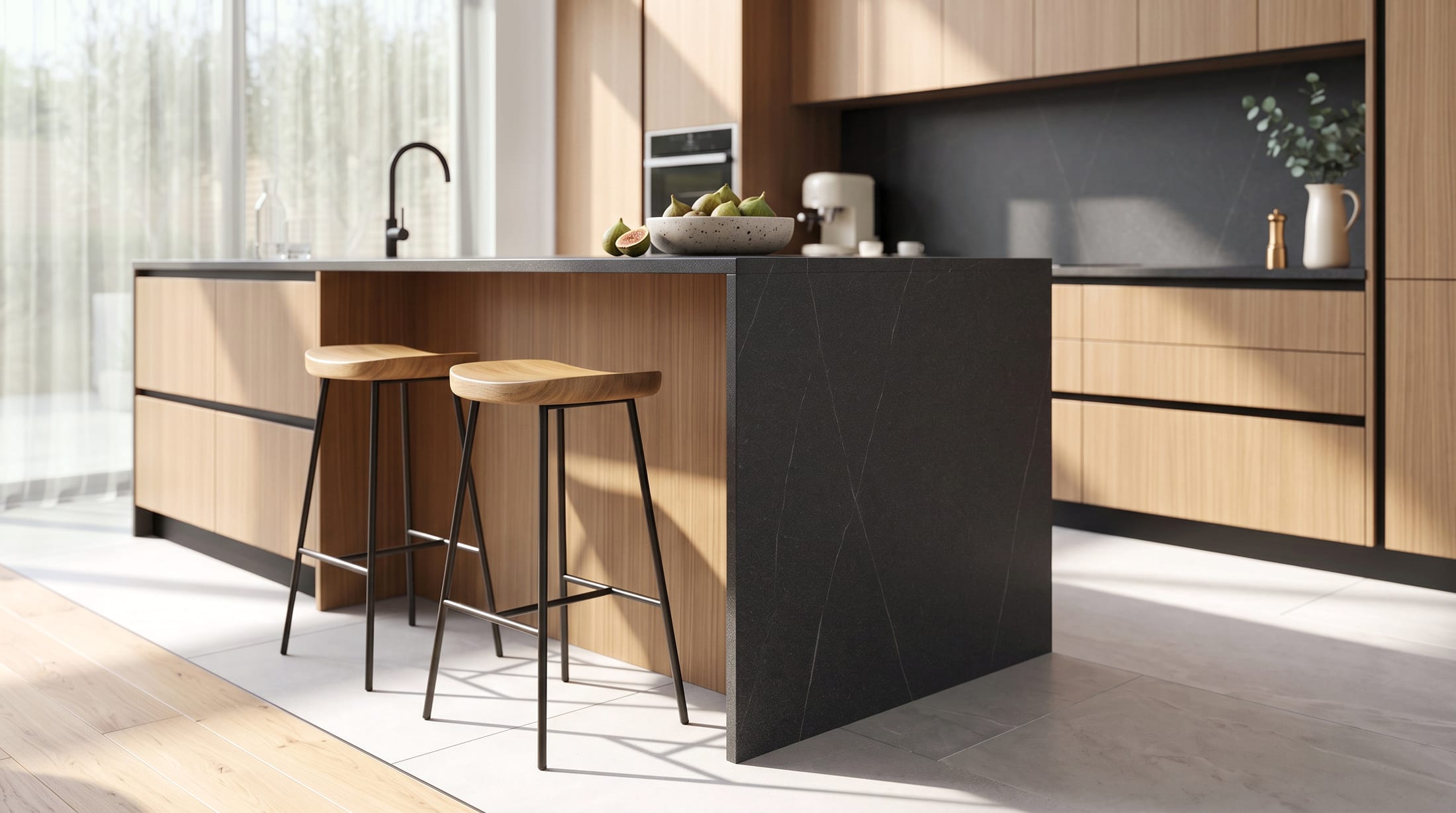 Gacaferi 1957 Stria custom kitchen — island breakfast bar with oak stools